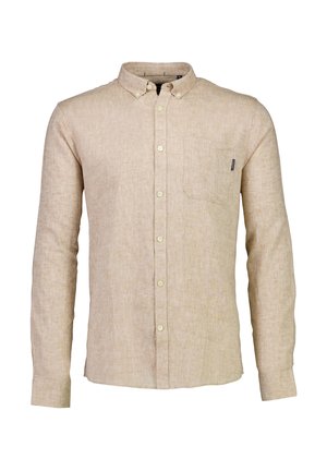 Beige langærmet skjorte lavet af struktureret stof, med krave med knapper, forlommer og lyse knapper.