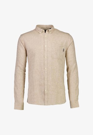 Beige pitkähihaine paita, joka on valmistettu teksturoidusta kankaasta. Paidassa on napitettava kaulus, etutasku ja vaaleat napit.