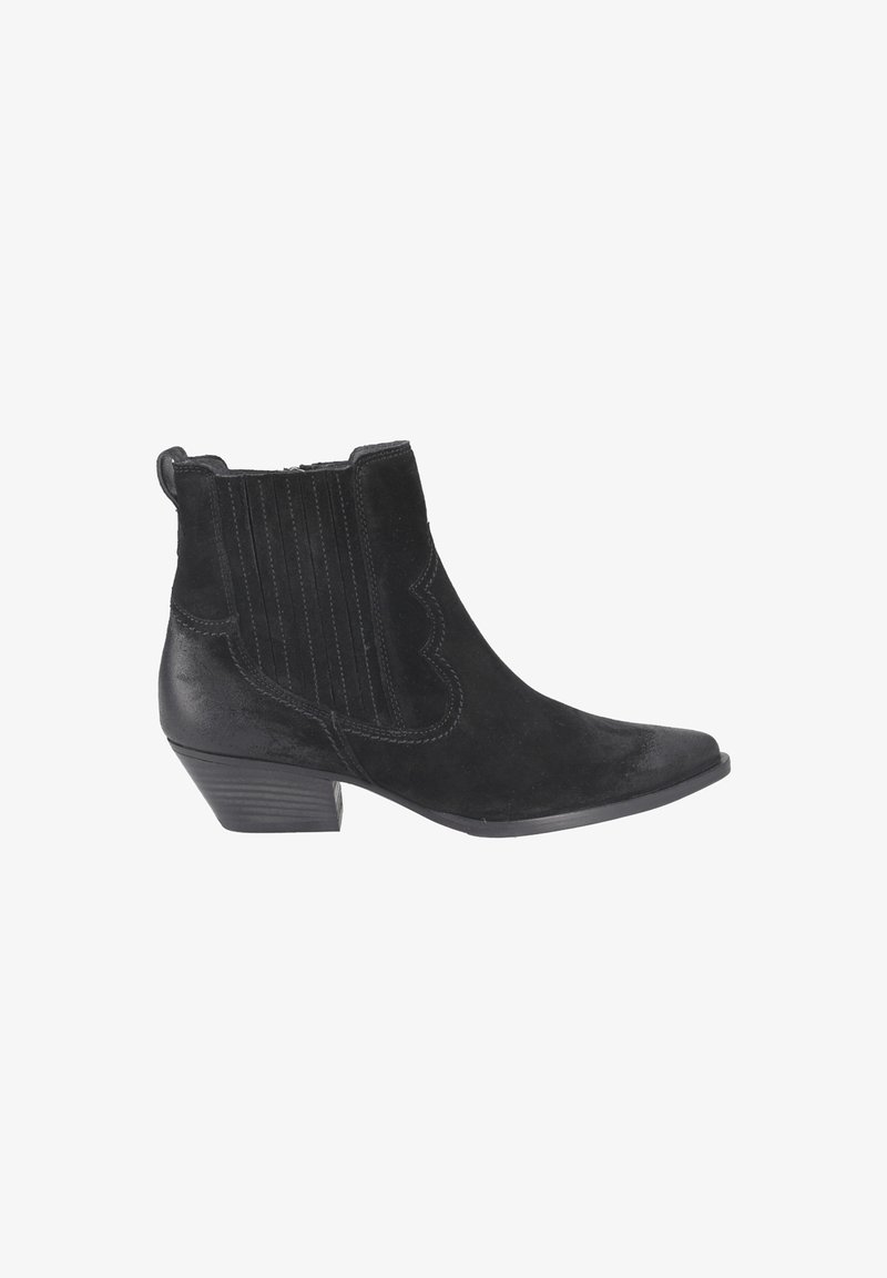 Schwarzer Wildleder-Stiefelette mit spitzer Spitze, wellenförmigem Design, elastischen Seitenpaneelen und niedrigem Blockabsatz.