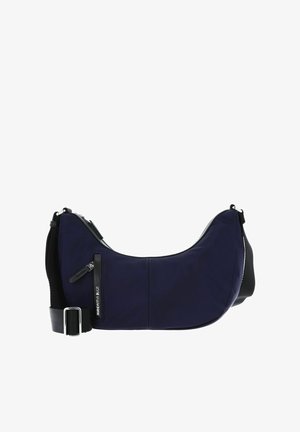 Dunkelblaue Schultertasche mit einer geschwungenen Form, aus Nylonmaterial, mit Reißverschlusstaschen und einem verstellbaren schwarzen Gurt mit einer metallischen Schnalle.