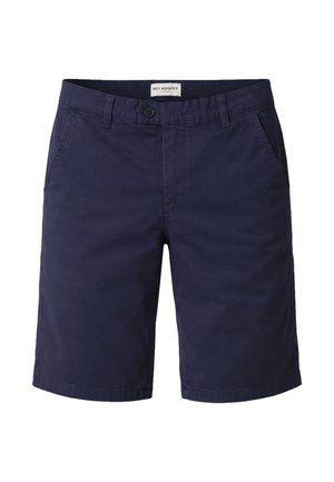 Pantaloncini da uomo blu navy fino al ginocchio con chiusura a bottone, passanti per cintura, tasche laterali e etichetta all'interno della cintura.
