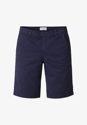 Pantaloncini da uomo blu navy fino al ginocchio con chiusura a bottone, passanti per cintura, tasche laterali e etichetta all'interno della cintura.