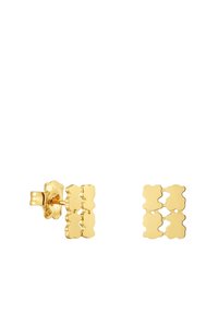 Złote kolczyki na sztyft z motywem kwiatowym, składające się z czterech zazębiających się elementów. Gładka tekstura z polerowanym wykończeniem i bezpiecznym zapięciem na sztyft.