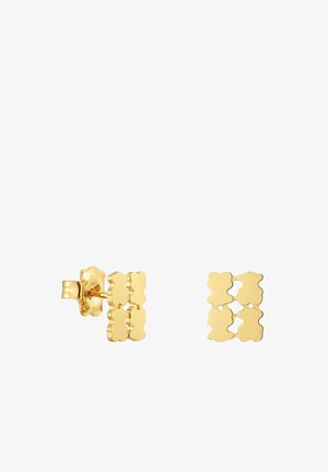 Pendientes de botón de oro con forma floral, que presentan cuatro elementos entrelazados. Textura suave con un acabado pulido y un cierre seguro de poste.