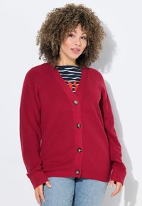 Roter Strickcardigan mit V-Ausschnitt, Knopfleiste und gerippten Bündchen. Kombiniert mit einem gestreiften Hemd darunter. Weiche Textur, lässige Passform.