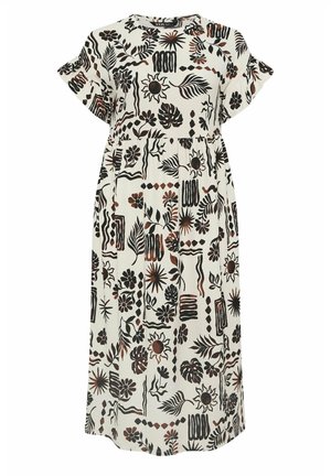 Biała midi sukienka z krótkimi falbankowymi rękawami, ozdobiona abstrakcyjnymi czarno-brązowymi kwiatowymi i geometrycznymi wzorami na całej powierzchni.