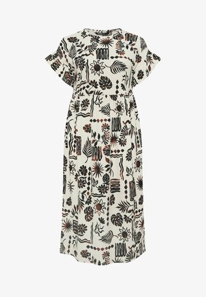 Biała midi sukienka z krótkimi falbankowymi rękawami, ozdobiona abstrakcyjnymi czarno-brązowymi kwiatowymi i geometrycznymi wzorami na całej powierzchni.