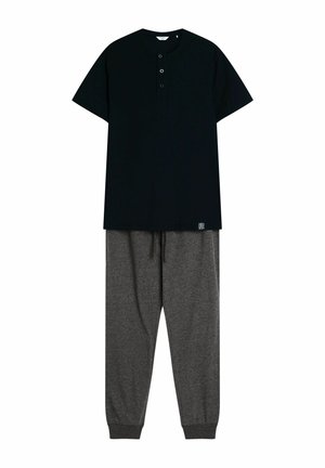 Black short-sleeve t-shirt with three buttons and a small label, paired with gray sweatpants featuring an elastic waistband and cuffs.