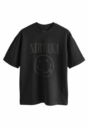 Must musta T-särk lühikeste varrukatega, mille esiküljel on trükitud Nirvana logo ja naeratava näo kujundus, mis on tehtud väikestest nupukestest.
