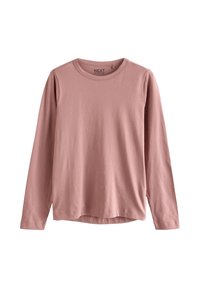 Långärmad tröja i mjuk, rosa bomull med rund halsringning, avslappnad passform och en lätt rundad fåll för extra komfort. Inga mönster eller detaljer.