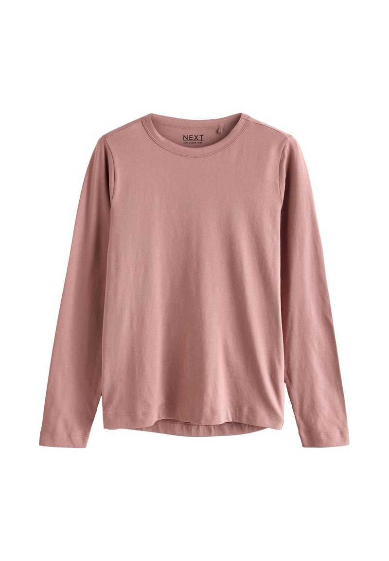 Långärmad tröja i mjuk, rosa bomull med rund halsringning, avslappnad passform och en lätt rundad fåll för extra komfort. Inga mönster eller detaljer.