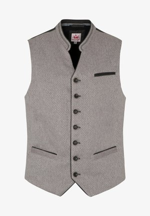 Grauwe vest ohne Ärmel mit strukturierter Oberfläche, schwarzen Akzenten, sechs Knöpfen und zwei vorderen Taschen, ausgestattet mit einem Stehkragen und klaren Linien.