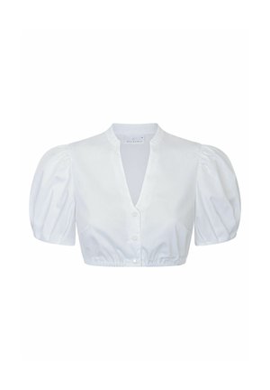 Weiße gekürzte Bluse mit aufgepufften kurzen Ärmeln, V-Ausschnitt-Kragen und vorderen Knöpfen, mit elastischem Taillenbund.