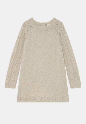 Beige strikket bluse med lange ærmer og blonde-mønster på ærmer og kant, med rund halsudskæring og ribbet tekstur.