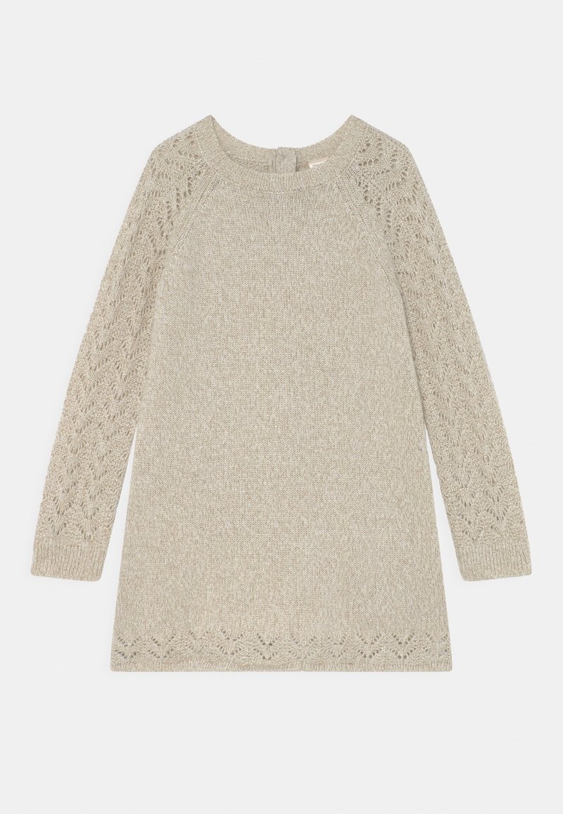 Pull beige en maille à manches longues avec des manches et un ourlet à motif en dentelle, doté d'un col rond et d'une texture côtelée.