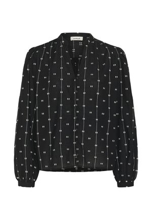 Must pikkade varrukatega pluus, millel on valged vertikaalsed punktjooned ja väikesed ruudumustrid, eest nööbitav ja ümar kaelus.