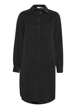 Zwarte shirtjurk van zacht materiaal, met een knoopsluiting aan de voorkant, kraag, lange mouwen en een borstzak. Soepele textuur; knielang.