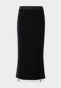 Zwarte, slim fitte midi-rok met zijritsen en een gestructureerde tailleband waarin het woord "SPORT" herhaaldelijk is opgedrukt.