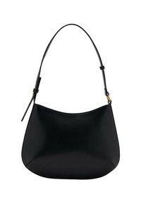 Black leather shoulder bag with a smooth texture, curved shape, and adjustable handle. Features minimal stitching and a simple design.
