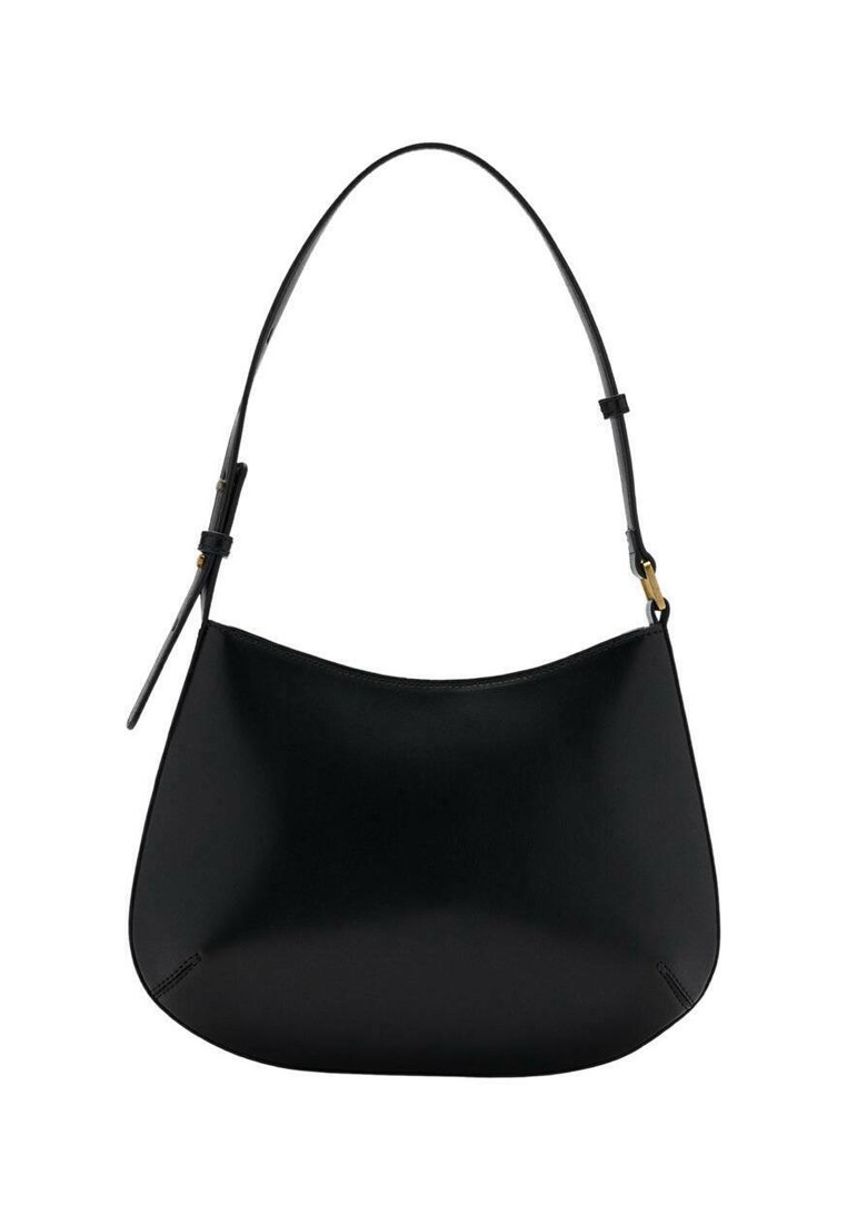 Black leather shoulder bag with a smooth texture, curved shape, and adjustable handle. Features minimal stitching and a simple design.
