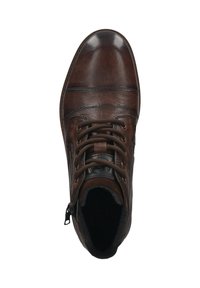 Braune Leder-Ankle-Boots mit Schnürung, runder Spitze, gepolstertem Kragen und seitlichem Reißverschluss. Texturierte Oberfläche mit Nähdetails.