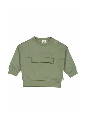 Olivgrüner Pullover aus weichem Stoff, mit einem runden Halsausschnitt, breiten Bündchen, einer Tasche auf der Vorderseite und Druckknöpfen an einer Schulter.