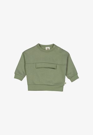 Olijfgroen sweatshirt van zacht materiaal, met een ronde halslijn, brede boorden, een voorzak en drukknoopjes op één schouder.