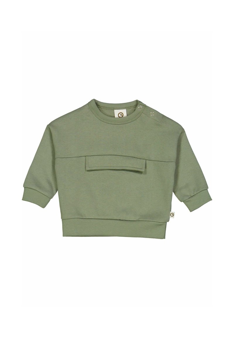 Olivově zelená mikina vyrobená z měkké látky, s kulatým výstřihem, širokými manžetami, přední kapsou a patentkami na jednom rameni.