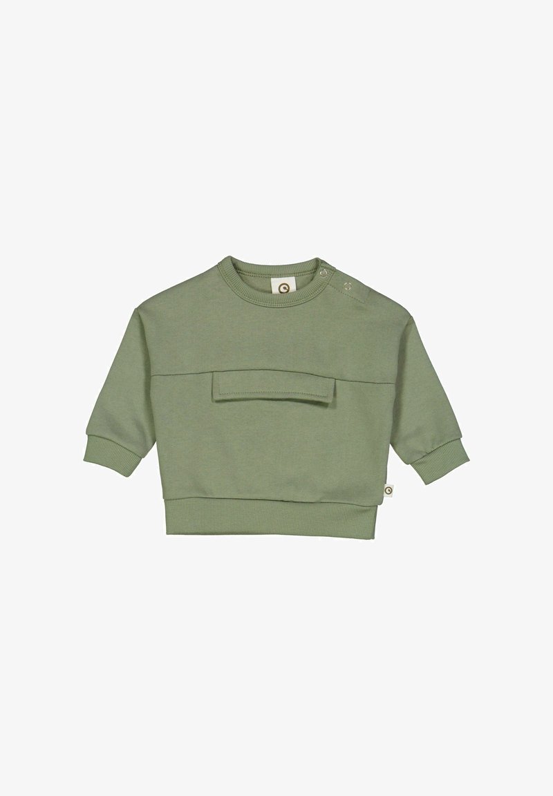 Olivově zelená mikina vyrobená z měkké látky, s kulatým výstřihem, širokými manžetami, přední kapsou a patentkami na jednom rameni.