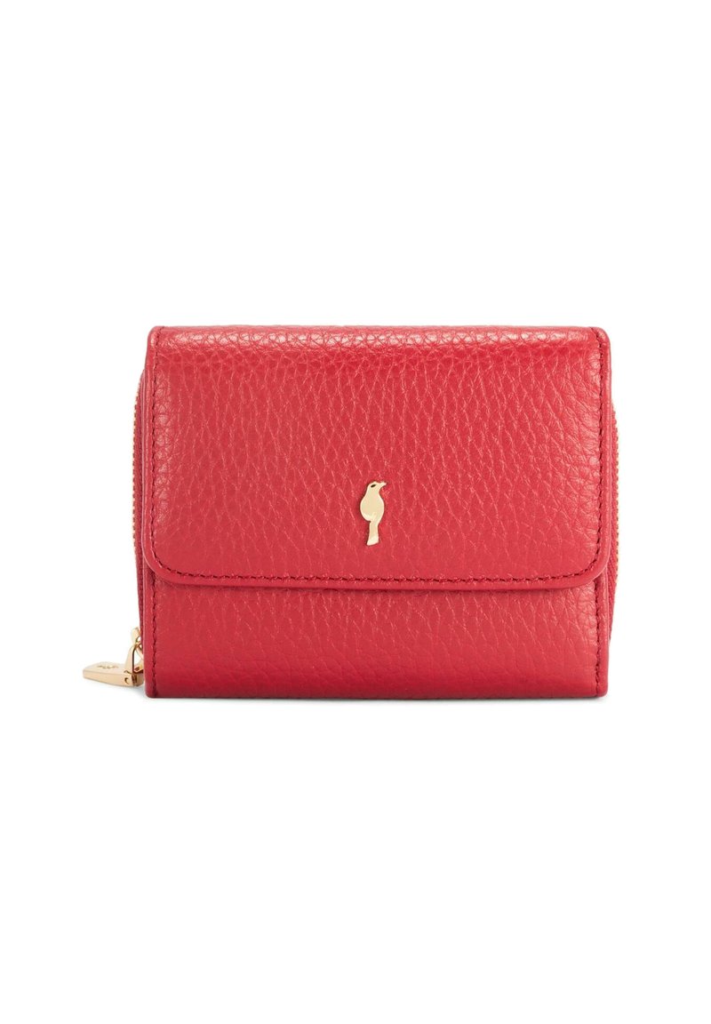 Czerwony skórzany portfel o chropowatej fakturze, z złotym symbolem ptaka z przodu oraz suwakiem z boku.