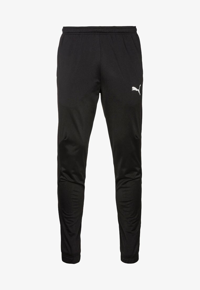 Schwarze Sporthose aus glattem Material, mit tailliertem Schnitt, elastischem Bund und einem weißen Puma-Logo-Akzent am linken Oberschenkel.
