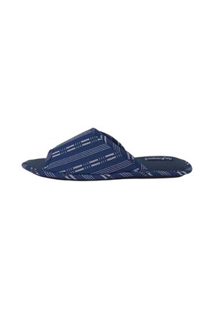 Pantofole aperte in tessuto blu con motivi a righe bianche orizzontali e verticali, suola leggermente imbottita e design slip-on.
