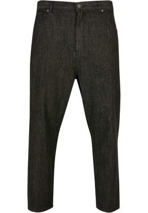 Pantalones de mezclilla negros con un corte relajado, que cuentan con una cremallera en la bragueta, trabillas para el cinturón y cinco bolsillos. La tela tiene una textura sutil.