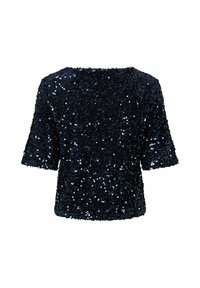 Haut à manches courtes bleu marine foncé couvert de sequins brillants, avec un col rond et une coupe carrée.