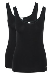 Top in cotone nero con scollo a barca, realizzato in morbido materiale di cotone. Presenta spalline sottili e un design aderente. Include due pezzi.