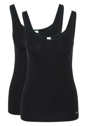 Schwarze Tanktops mit einem runden Ausschnitt, aus weichem Baumwollmaterial gefertigt. Sie verfügen über dünne Schulterträger und ein figurbetontes Design. Zwei Teile enthalten.