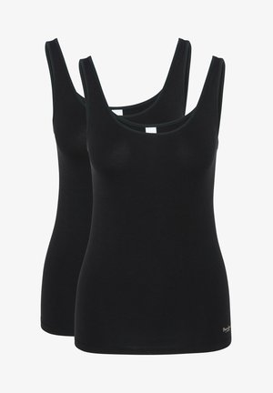 Schwarze Tanktops mit einem runden Ausschnitt, aus weichem Baumwollmaterial gefertigt. Sie verfügen über dünne Schulterträger und ein figurbetontes Design. Zwei Teile enthalten.