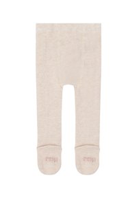 Collant beige con una texture morbida, caratterizzati da un design con punta e un sottile marchio rosa sulle suole. Superficie liscia con una minima decorazione.