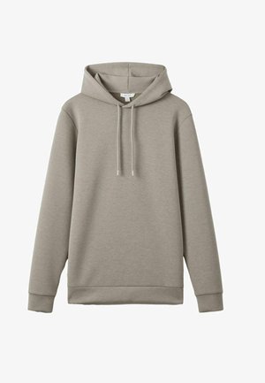 Haut à capuche en coton doux de couleur gris clair. Il dispose d'une capuche avec cordon, de manches longues, et de poignets et un ourlet côtelés, offrant une coupe décontractée.