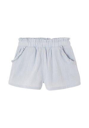 Light blue toddler shorts with elastic paperbag waist and ruffled trim on pockets, made from soft textured fabric.