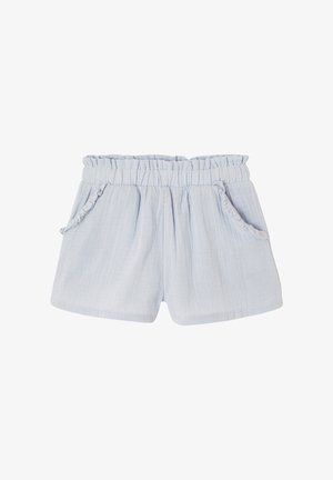 Light blue toddler shorts with elastic paperbag waist and ruffled trim on pockets, made from soft textured fabric.