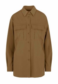 Bruine button-up shirt met een kraag, twee borstzakken, rechte snit, lange mouwen en een gladde stofstructuur.