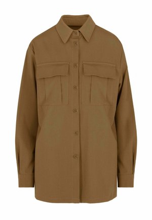 Bruine button-up shirt met een kraag, twee borstzakken, rechte snit, lange mouwen en een gladde stofstructuur.