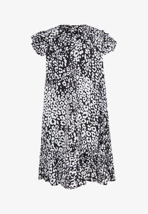 Rochie cu imprimeu animal în alb și negru, cu mâneci scurte, tiv cu volane, croială lejeră și material ușor. Model texturat pe întreaga suprafață.