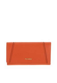 Portefeuille en cuir orange au design structuré, avec des accents de couture diagonale et un logo doré. Texture lisse et profil mince.