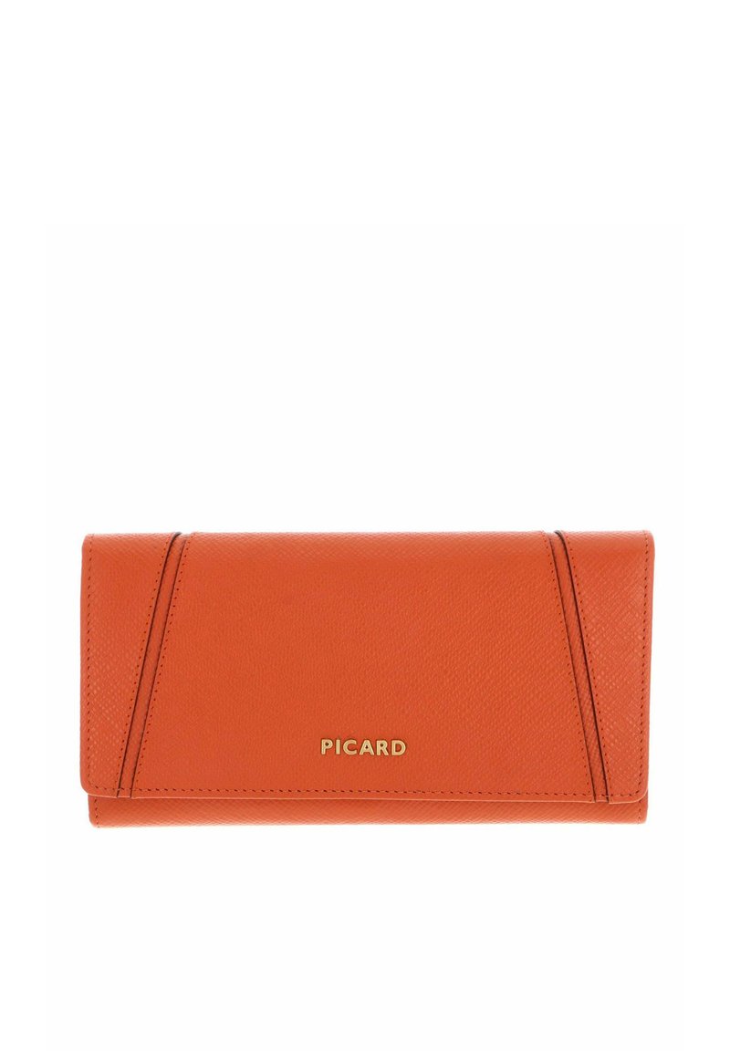 Portefeuille en cuir orange au design structuré, avec des accents de couture diagonale et un logo doré. Texture lisse et profil mince.