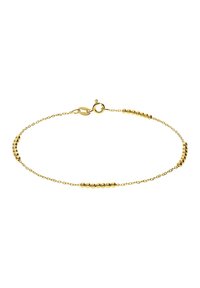 Gouden armband met een delicaate ketting, voorzien van rondelle kraaltjes die afwisselend langs het midden zijn geplaatst, en een vlokhaak.