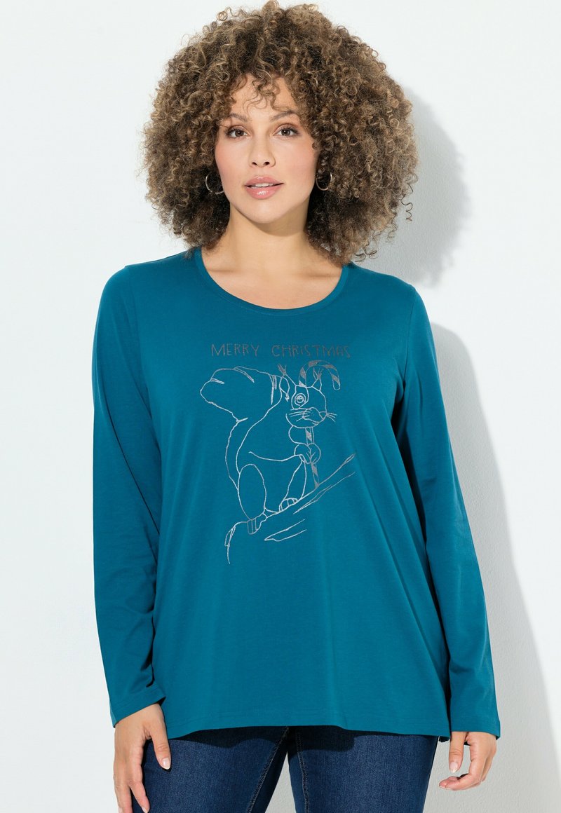 Langärmliges türkisfarbenes Shirt aus weichem Stoff mit einem weißen Grafikdruck eines Cartoon-Hasen und dem Text "Frohe Weihnachten".