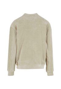 Beige velours sweatshirt met lange mouwen, ronde hals en een losse pasvorm. Gladde textuur en minimale naden, met een eenvoudig ontwerp aan de achterkant.