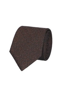 Brązowy krawat z powtarzającym się wzorem spiral w ciemniejszych i jaśniejszych odcieniach. Wykonany z teksturowanej tkaniny, zwinięty w cylindryczny kształt do przechowywania.